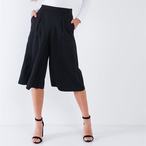 Black High Waisted Front Center Pleated Wide Leg Gaucho Pants - Picture 1 of 4